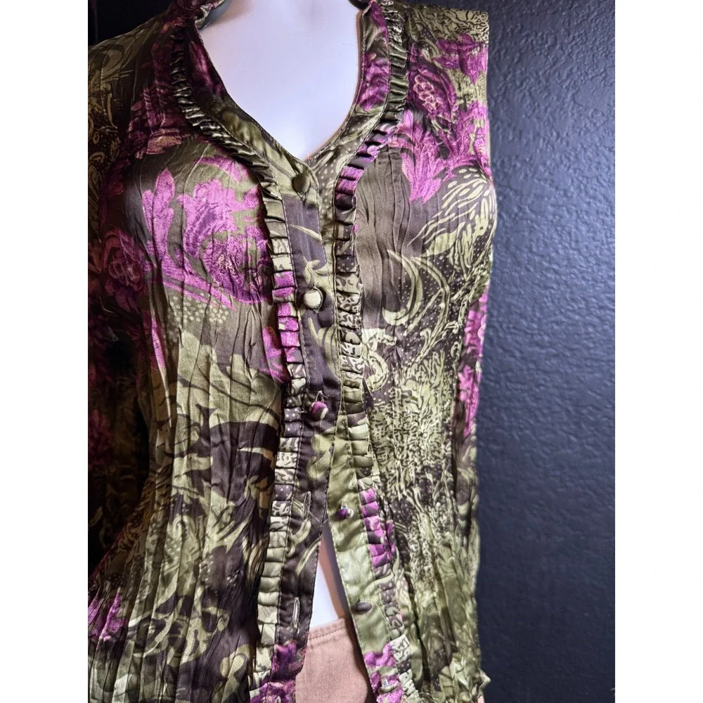 Agora Crinkle Pleat Floral Paisley Ruffle Blouse Olive Magenta Large